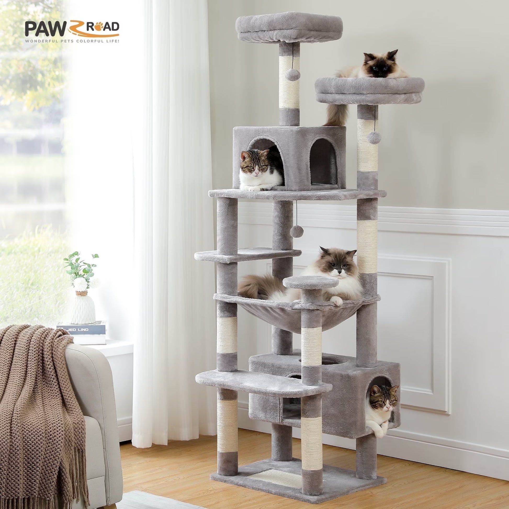 PAWZ Road 73"Cat Tree for Large Cats Multi Level Play Tower Condo 7 Sisal Cat Scratching Posts,Dark Gray