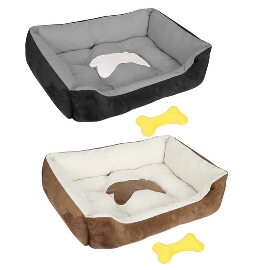 Soft Plush Dog Bed with Non-Slip Bottom | Washable Calming Pet Bed with Plush Bone Toy